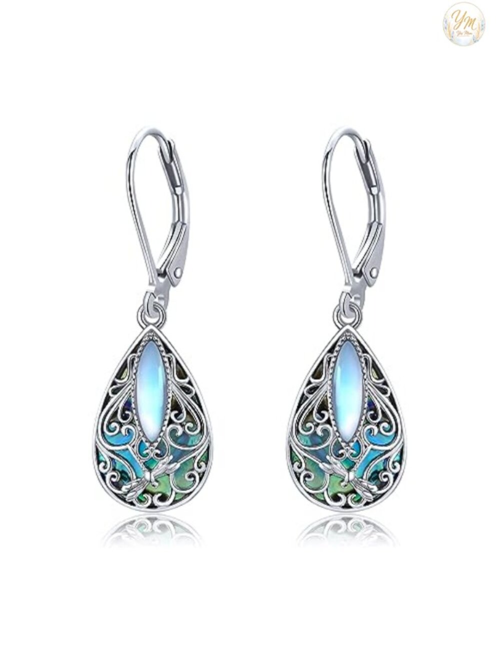 Dragonfly Filigree Earrings Sterling Silver Teardrop Abalone Shell Drop Dangle